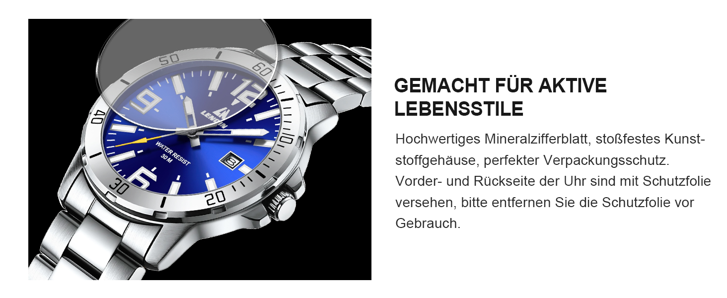 Годинник чоловічий LENQIN з нержавіючої сталі, водонепроникний, з датою, аналоговий кварцовий годинник, бізнес-стиль, срібний колір, синій циферблат