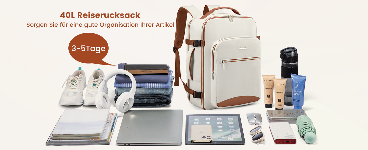 Рюкзак LOVEVOOK для ручної поклажі в літак, 40L, великий, для жінок, валіза-рюкзак, водонепроникний, для ноутбука 17 дюймів, для подорожей, бізнесу, роботи, відпочинку, хайкінгу, weekend (M, Бежевий+чорний)