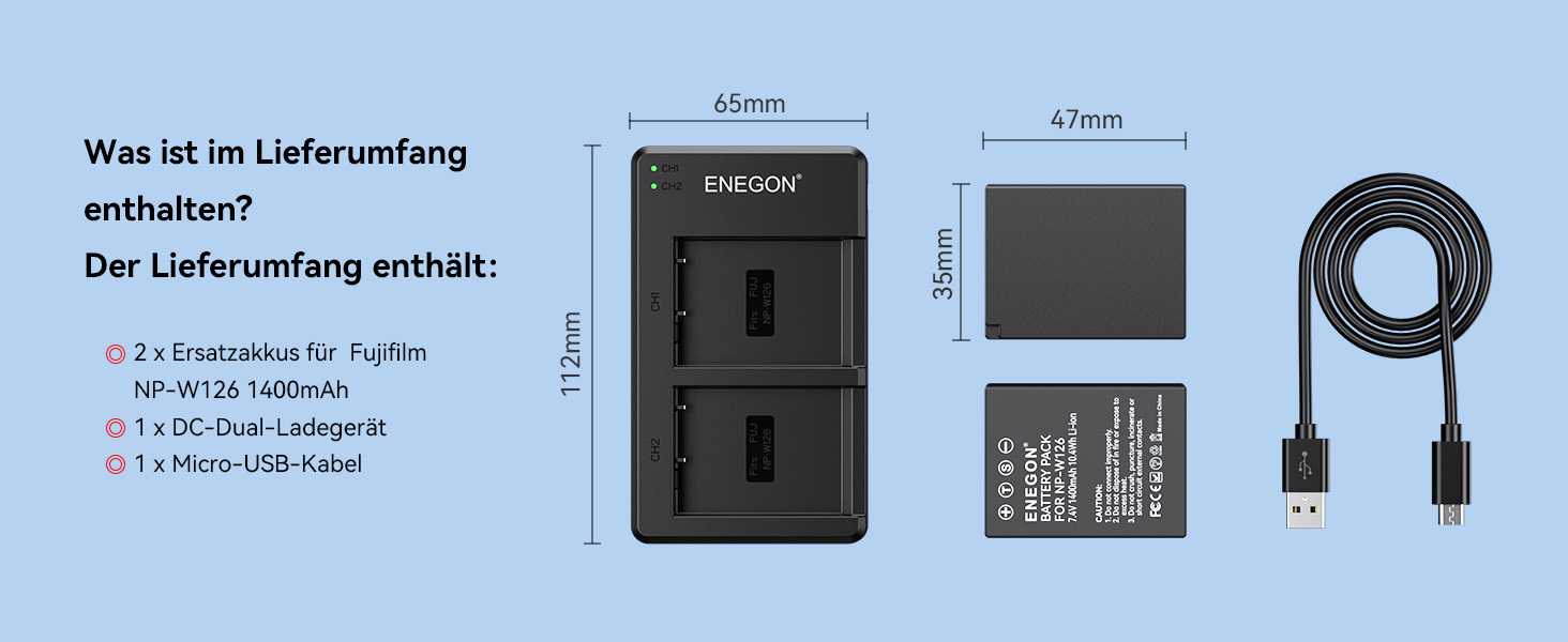 Акумулятор ENEGON NP-W126S/NP-W126 (2 шт.) та подвійний USB-зарядний пристрій для Fujifilm X100V, X100VI, X-M5, X-T1/T3/T30/T100, X-A1, X-E1, X-E2, X-E3, X-M1, X-Pro1, HS30EXR, HS35EXR, HS50EXR