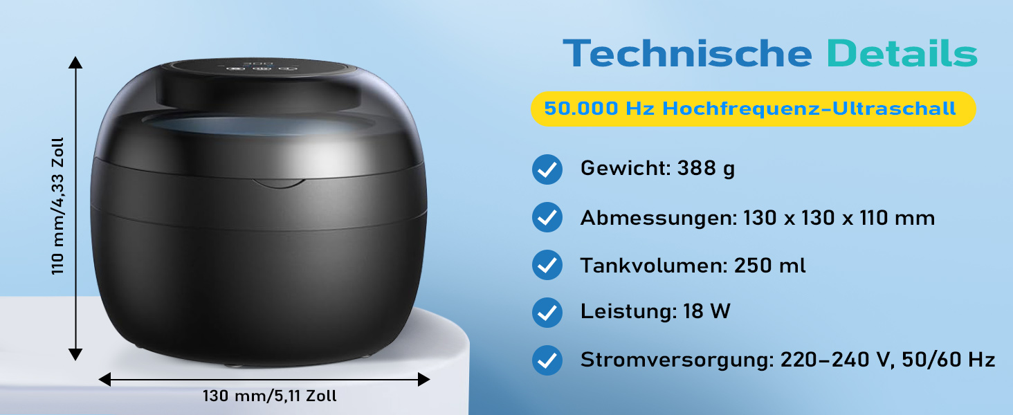 Ультразвуковий очищувач для стоматології 50kHz, 250мл з УФ-лампою (6 ламп) для брекетів, кап, ретейнерів, зубних протезів, елайнерів та ювелірних виробів, чорний