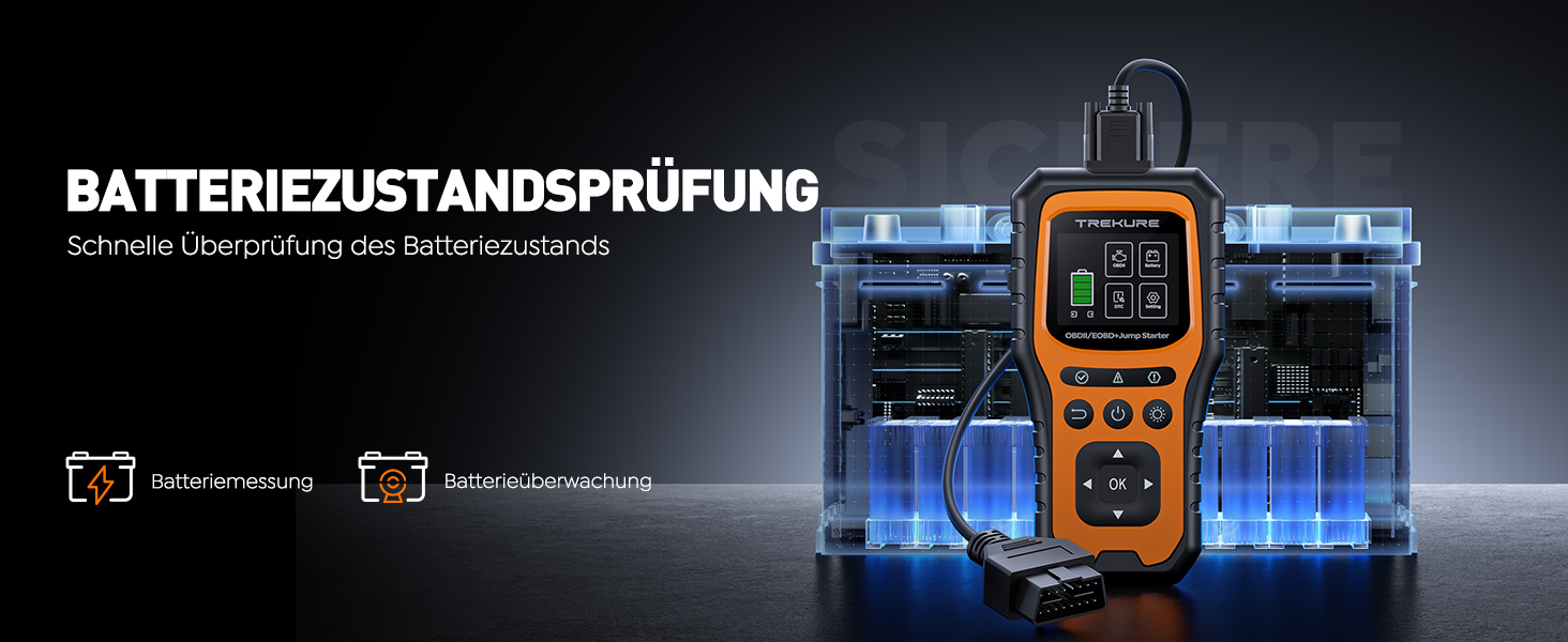 Портативний пусковий пристрій TREKURE 6000A з OBD2 діагностикою та тестом акумулятора, 12V, для бензинових та дизельних авто до 10л, з LED-ліхтариком та вогнезахистом V0