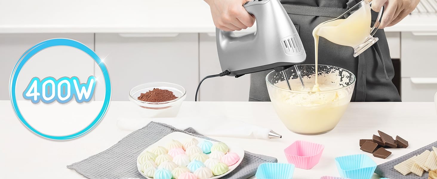 Ручний міксер Duronic 400W з набором насадок: вінчики, гаки для тіста та вінчик для збивання, 5 швидкостей + Turbo, коробка для зберігання. Ідеально для випічки, тіста та збивання яєць.
