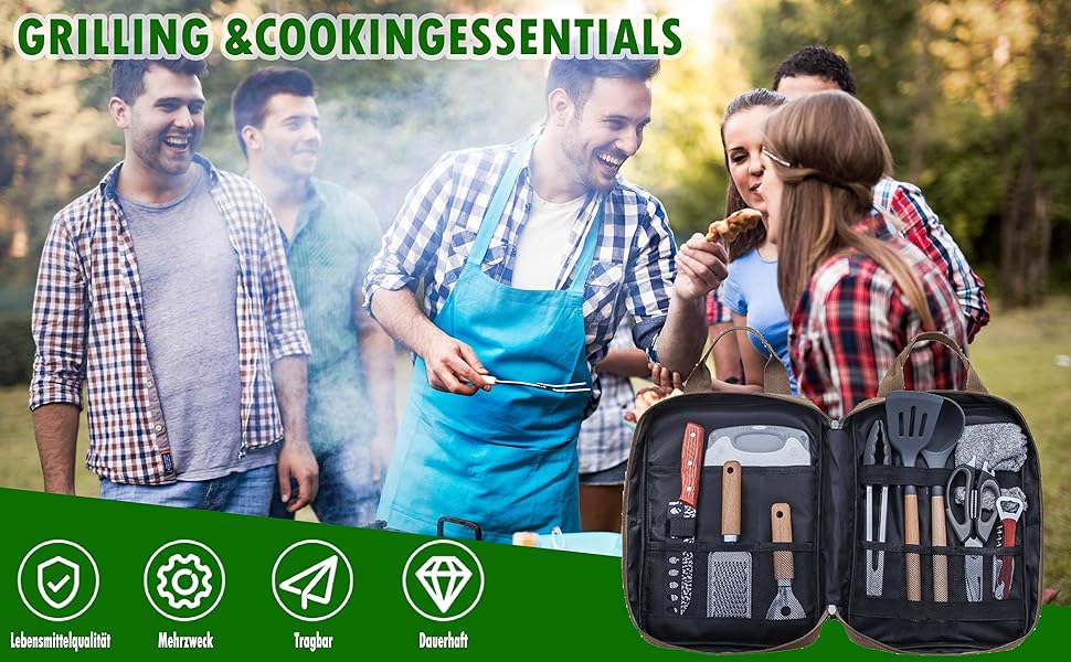 Набір кухонного приладдя для кемпінгу Sadodo: 11 предметів, з органайзером та сумкою, силікон та нержавіюча сталь