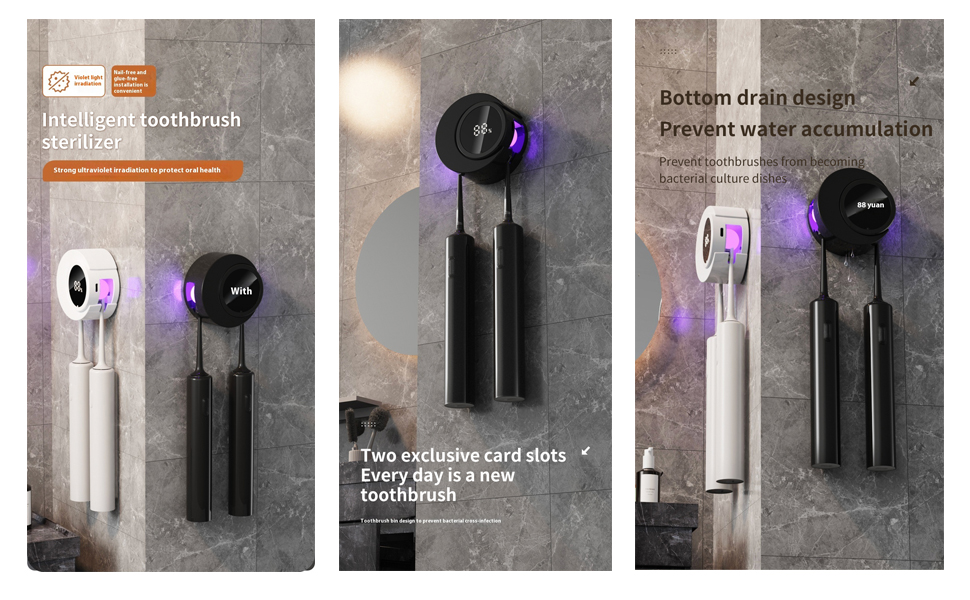 2-Slot Toothbrush Holder, Wall Mount, Portable UV Toothbrush Sanitizer, Travel Essentials Toothbrush Covers (white)