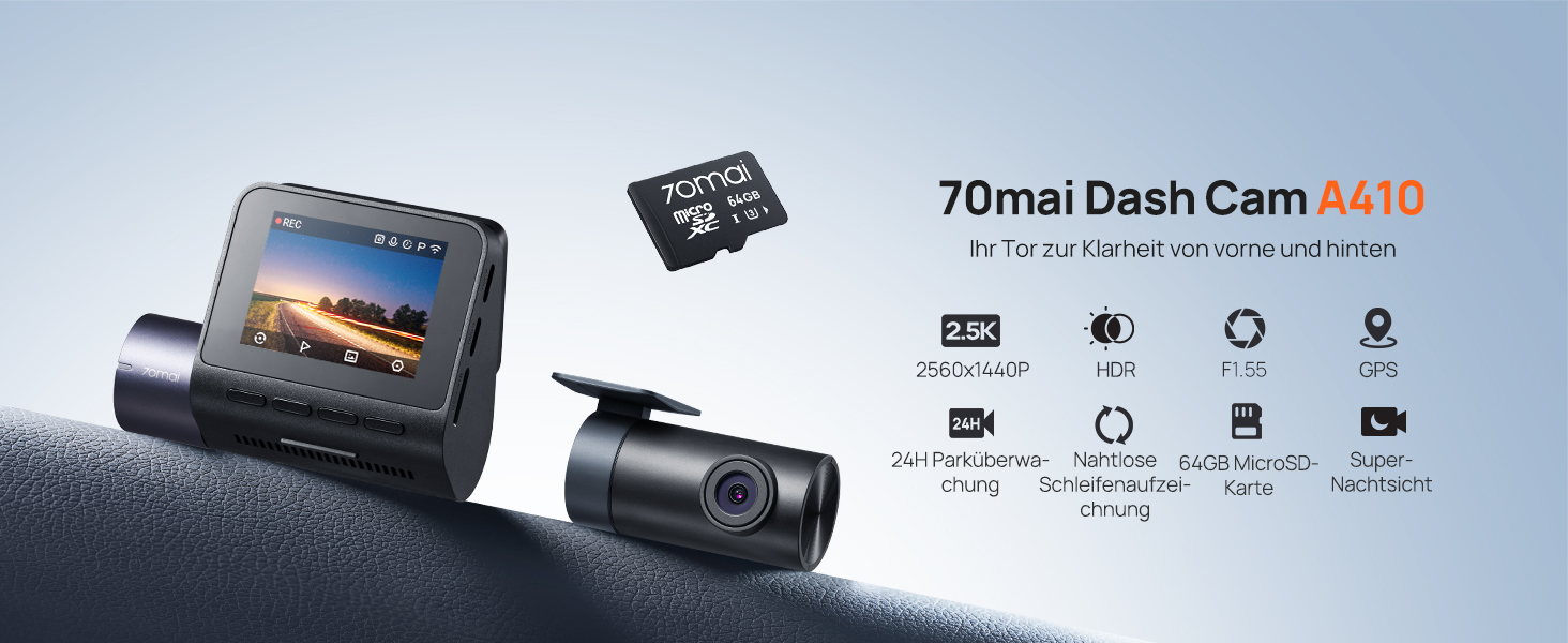 Відеореєстратор 70mai A410 Dual 2.5K + 1080P з GPS, Wi-Fi, HDR, нічним баченням та картою 64GB