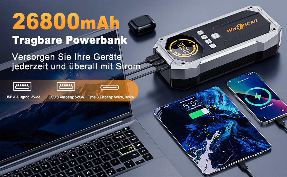 Портативний пусковий пристрій Starthilfe Powerbank з компресором 26800mAh, 6000A, 150PSI, LCD, LED, чорний