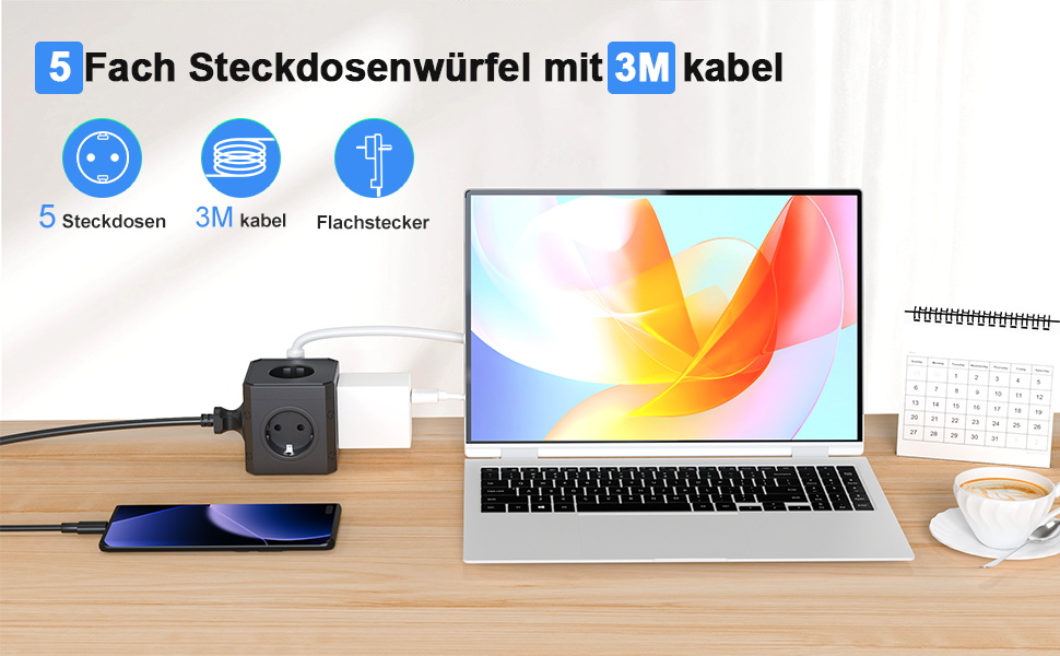 Блок розеток з USB-C, 4 розетки, плоский штекер, індивідуальне вмикання, багатофункціональна розетка-куб з 2м плетеним кабелем для офісу, дому, подорожей - Білий