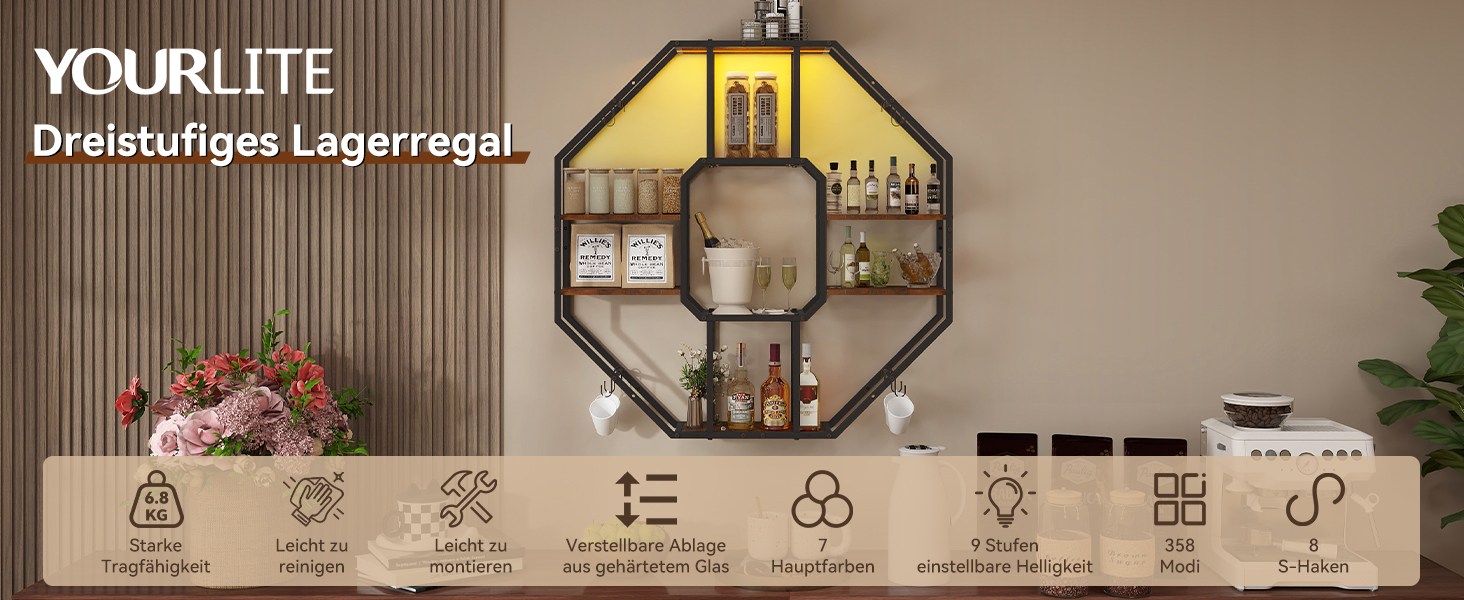 Стильне металеве вітрина для вина з LED-підсвічуванням, 3 яруси, для бару, кухні, вітальні, ресторану, чорний, 20x80 см