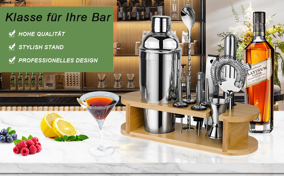 Набір шейкерів для коктейлів з підставкою, професійний набір з нержавіючої сталі, 12 предметів, для приготування напоїв, подарунок для жінок та чоловіків, аксесуар для дому, шейкер для коктейлів (срібний)