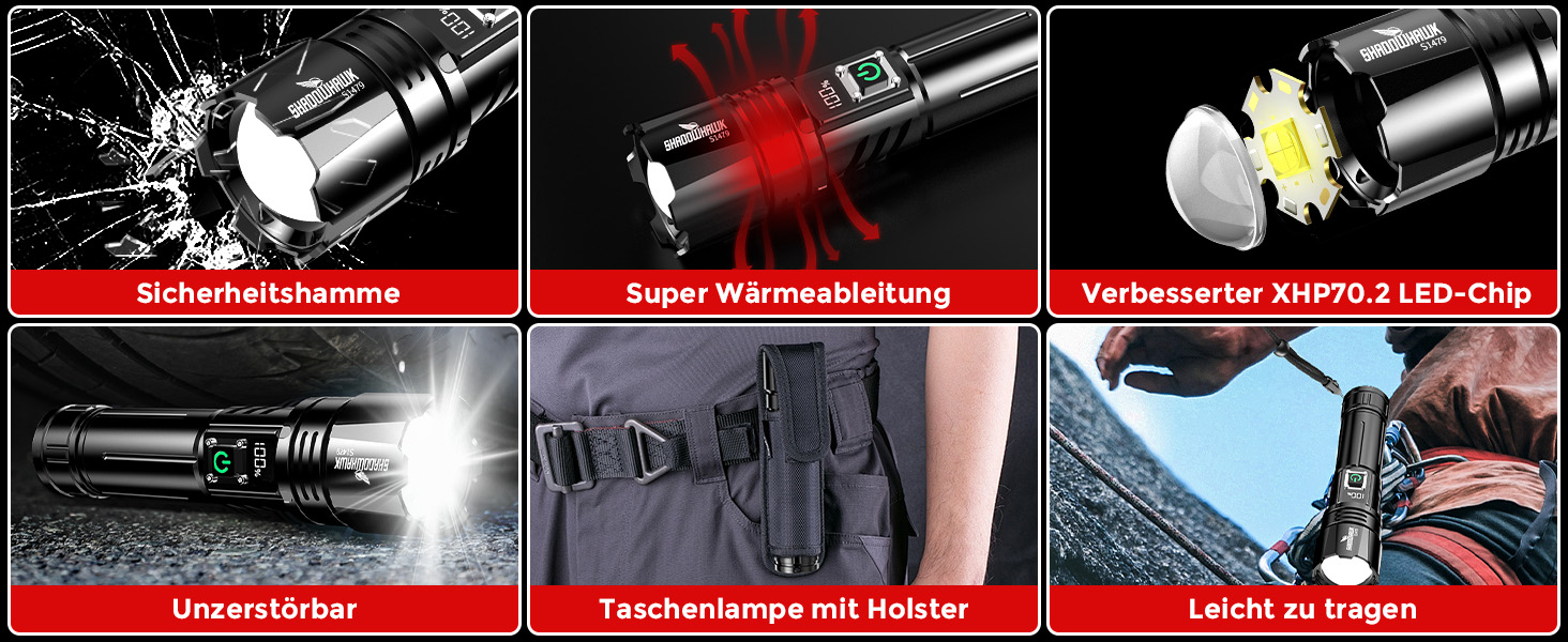 Тактична ліхтарик Shadowhawk 500000 Lumen: 10 Вт, дальність до 1000 м, 24 год роботи, LCD-дисплей, для кемпінгу та туризму