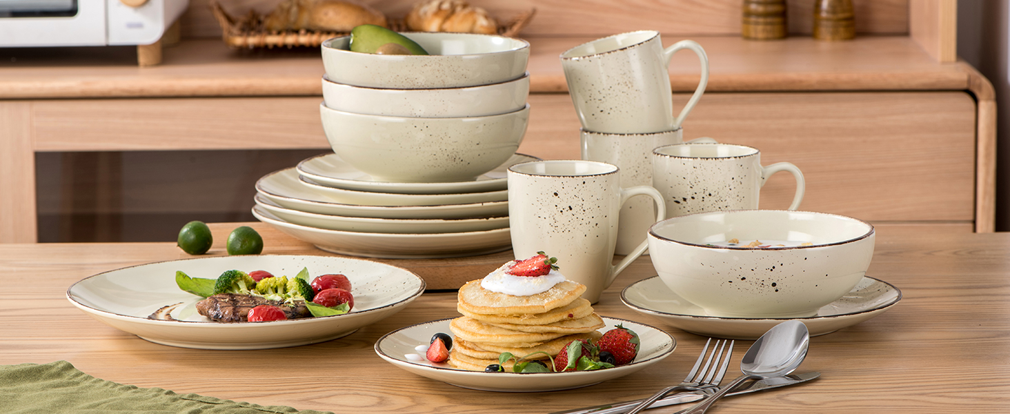 Набір посуду Vancasso NAVIA, 16 предметів, кераміка, для 4 осіб, розпис, тарілки, салатники, миски, кремовий