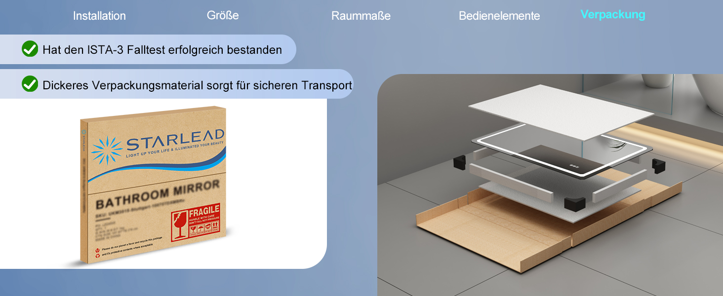 Дзеркало для ванної кімнати зі підсвічуванням STARLEAD 100x70 см з Bluetooth, антизапотівання, регулювання яскравості, 3 кольори світла, пам'ять, IP44, LED, горизонтальне/вертикальне, HD скло, Madrid Silver (M3015)