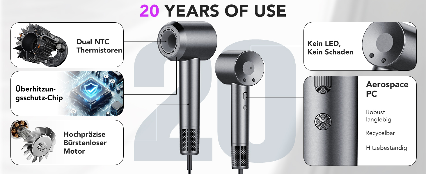 Фен Haartrockner з іонізацією 160 000 об/хв, 200 млн негативних іонів, термоконтроль, з насадкою-дифузором, сірий