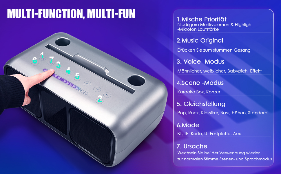 Караоке Машина з 2 Бездротовими Мікрофонами, Bluetooth Колонка з Сенсорним Екраном, LED-підсвічуванням та Підставкою для Телефону, Караоке Колонка для Дітей з USB/TF/AUX (Срібна)