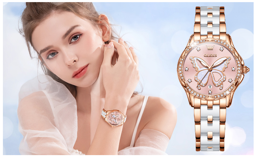 Годинник жіночий OLEVS з діамантами, елегантний, рожеве золото, керамічне скло, блакитний циферблат