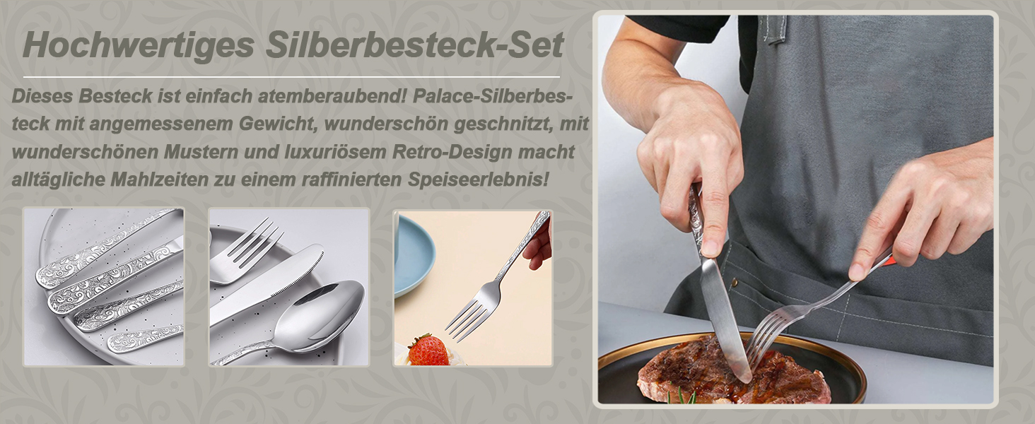 Набір столових приборів Vintage з різьбленням на 6 осіб, нержавіюча сталь, сріблястий (24 предмети) - ложки, виделки, ножі для дому та кухні, поліровані