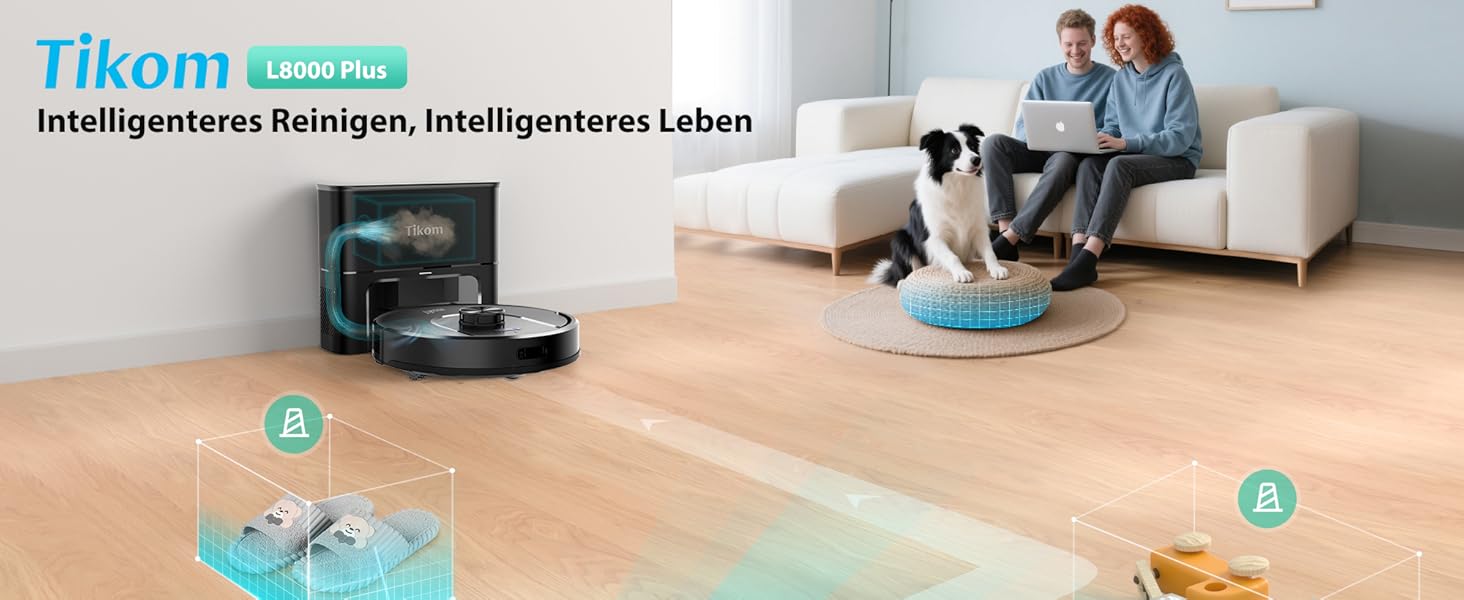 Робот-пилосос Tikom L8000 Plus з потужністю 6000Pa, станція самоочищення, LiDAR-навігація, Wi-Fi, мапінг, для шерсті тварин, килима та твердих підлог