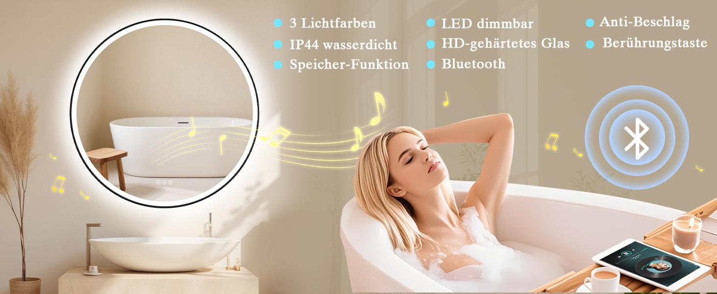 Дзеркало для ванної кімнати з підсвічуванням LED, антизапар, сенсорне керування, регулювання яскравості, 3 кольори світла, функція пам'яті, захист від вибуху, кругле дзеркало 50см (металевий каркас+bluetooth)