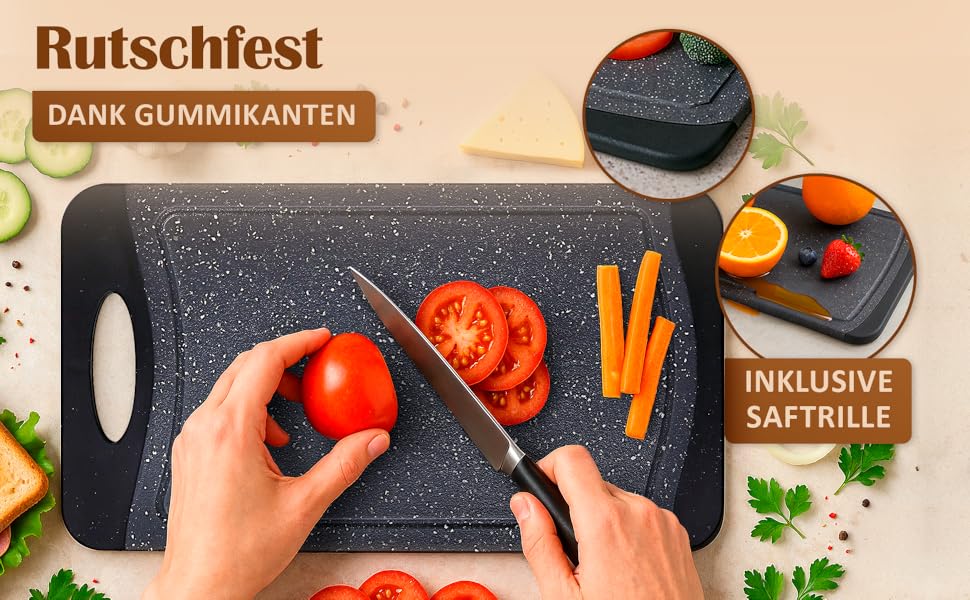 Набір дощок для сніданку NEOFLAM® 25x14 см, 4 шт. - Дошки для нарізання з пластику, BPA-free, антибактеріальні, з жолобком для соку, чорний мармур, стійкі до миття в посудомийній машині