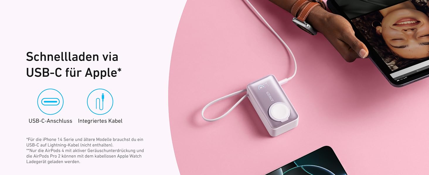 Повербанк Anker MagGo 10000mAh для Apple Watch та iPhone 17/16/15, Samsung, iPad, AirPods, вбудований кабель USB-C, 35W Max, сертифікований, Рожевий