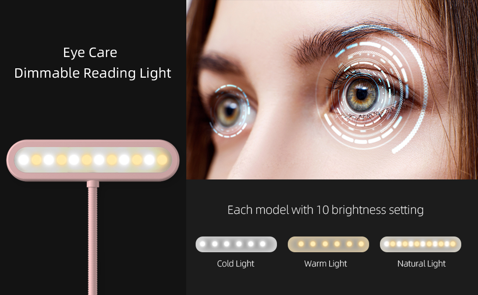 Ліхтарик для читання з кліпсою, USB-C, 3 кольори, 10 рівнів яскравості, гнучкий тримач, дитячий, рожевий (2 шт)