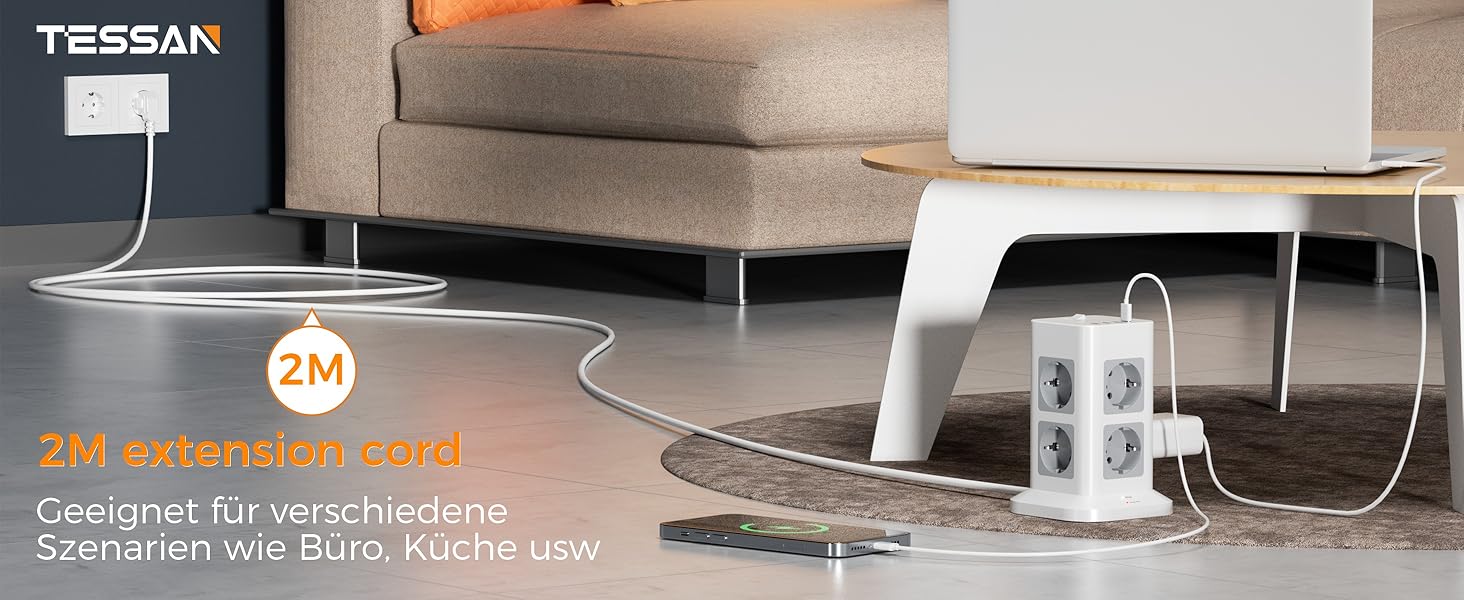 Багатофункціональна мережа TESSAN з 8 розеток, USB-C, захистом від перенапруги, вимикачем, 2 м кабелем, 3600W (сірий/білий)