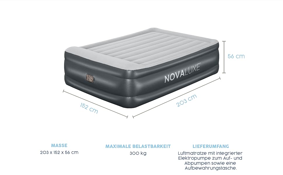 Надувний матрац Novaluxe з електронасосом та подушкою, сірий 203x152x56 см