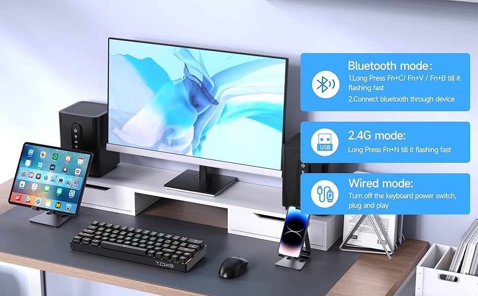 Ігрова клавіатура TMKB T63 з механічними клавішами Blue Switch, Bluetooth/2.4G/Кабель, чорна