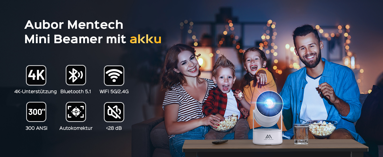 Aubor Mentech Mini Beamer 4K: Портативний проєктор для дому з Wi-Fi 6, BT 5.2 та Android OS, Auto Keystone, 180° та підтримкою HDMI.