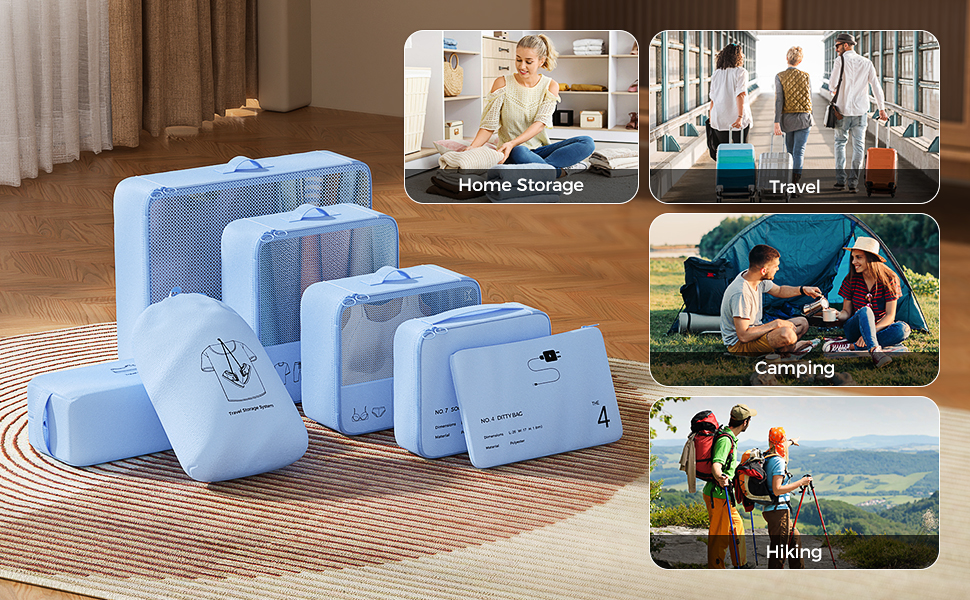Організатор для валізи Yomisee, набір з 7 частин: Packwürfel Set, сумки для одягу в подорож, органайзер для валізи (блакитний)