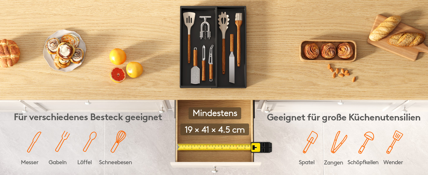 Органайзер для столових приладів Lifewit в шухляду, розширюваний (43.9 см), чорний, 40 см глибина, для кухні, ложок, ножів, лопаток