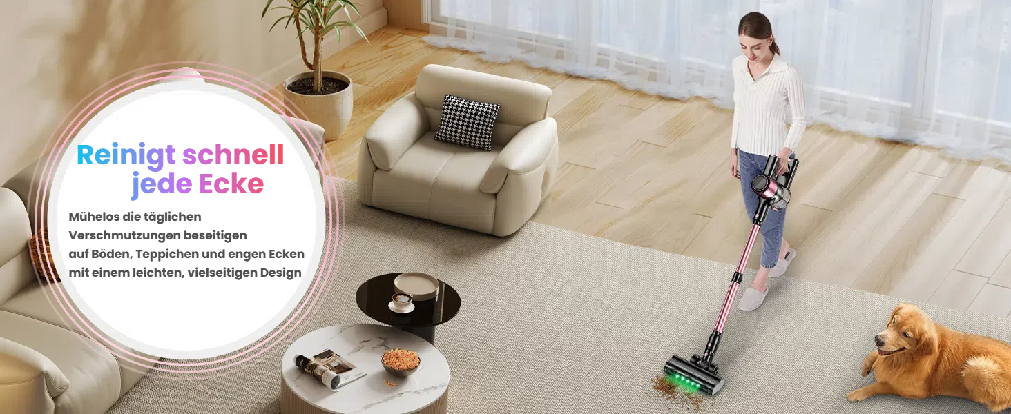 Бездротовий акумуляторний пилосос SUXIANGVAC 45000Pa/500W з LED дисплеєм та антинамотувальною насадкою, 73см подовжуваний шланг для твердих поверхонь, килимів та шерсті тварин, Рожевий