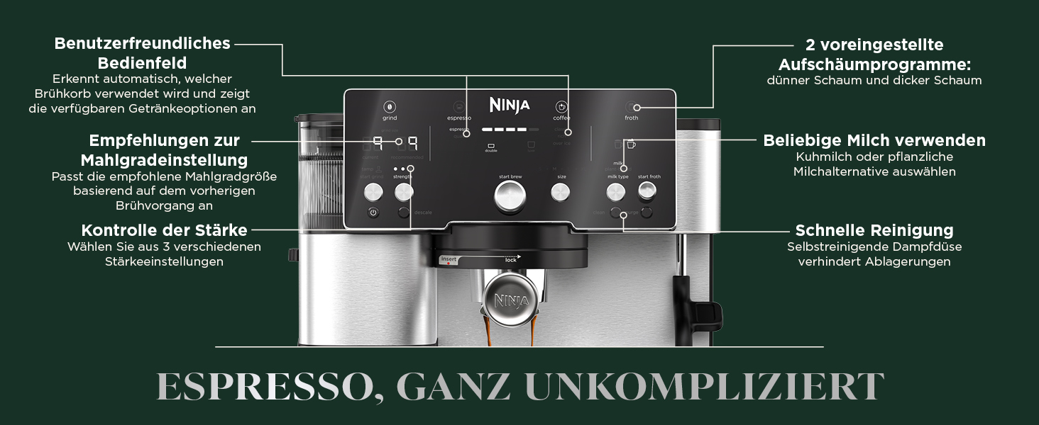 Ninja Luxe Essential кавомашина 2-в-1 з вбудованим млином та капучинатором для лате, капучино та еспресо, срібна, ES501EU