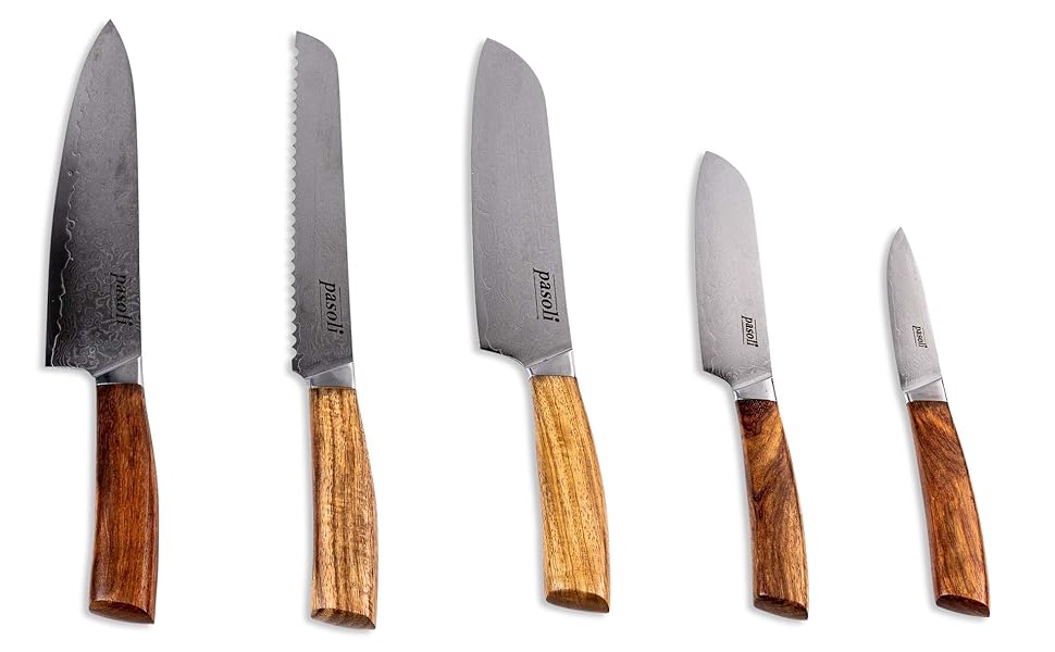 Pasoli Damascus Santoku Knife incl. Blade Protector | 67-Layer VG-10 Damascus Steel | Sharp 13 cm Blade | Elegant Wooden Handle | Ideal Chef's Knife