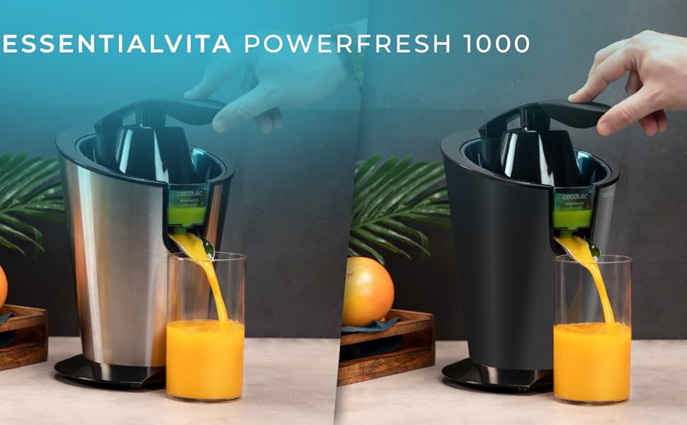 Електрична цитрусова преса Cecotec EssentialVita PowerFresh 1000 Black, 1000 Вт, нержавіюча сталь, 6 титанових лез, безперервна екстракція, захист від бризок, деталі придатні для миття в посудомийній машині
