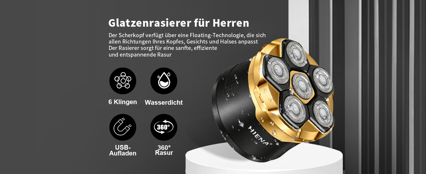 HIENA PRO Машинка для гоління голови чоловіча 6D магнітна, водонепроникна, з підзарядкою Type-C та LED-дисплеєм (Золотий)
