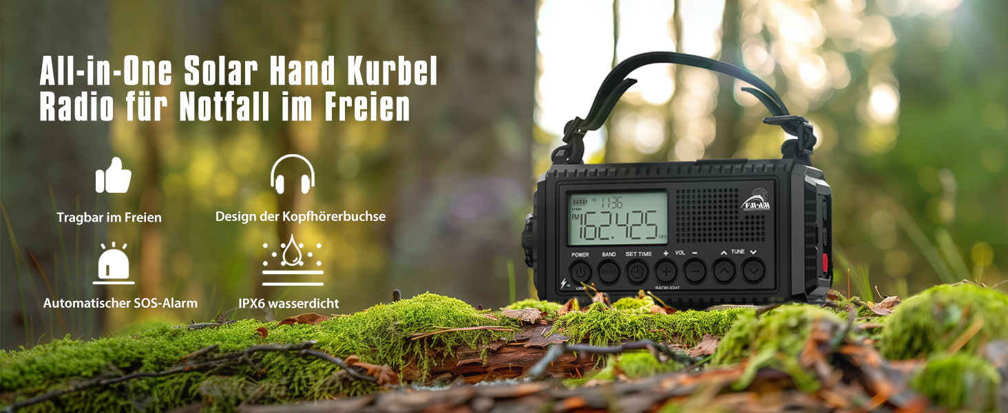 Радіо на сонячній батареї та з ручним генератором | Powerbank 12000mAh, AM/FM/SW, SOS, USB-C, IPX4, ліхтарик, для кемпінгу та відпочинку на природі (чорний)