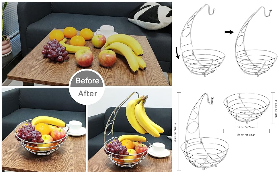 Металева фруктова корзина Exzact з тримачем для бананів, 41 см, срібляний хром