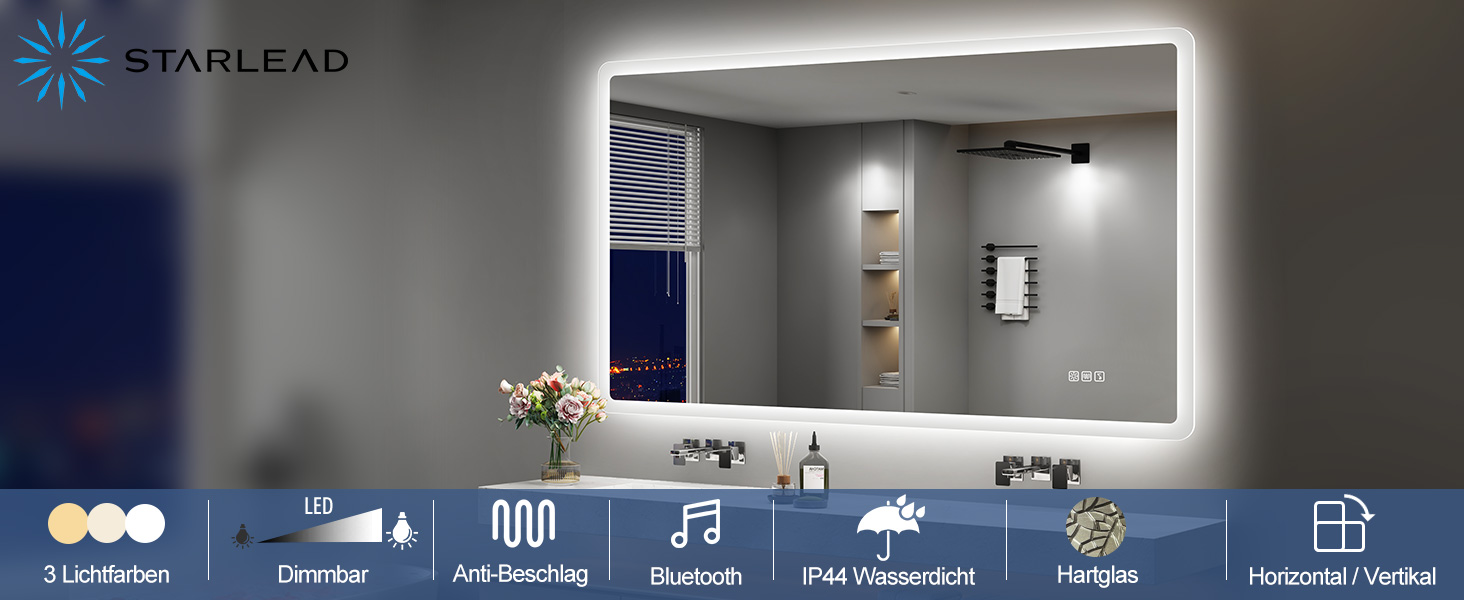 Дзеркало для ванної кімнати зі підсвічуванням STARLEAD 100x70 см, Bluetooth, антизапар, регулювання яскравості, 3 кольори світла, функція пам'яті, IP44, LED, горизонтальне/вертикальне, HD скло, Madrid Silver (Bluetooth)