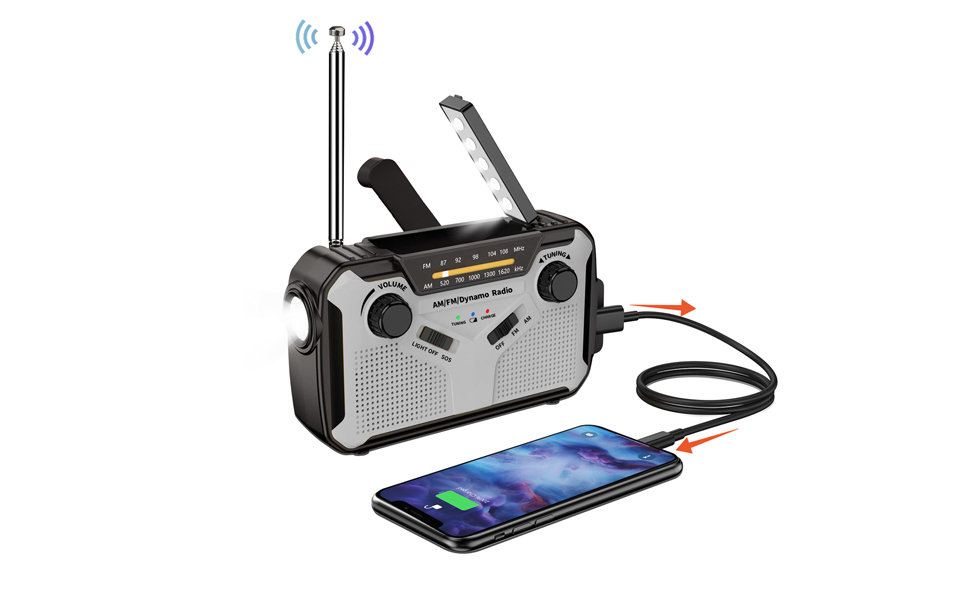 Радіо Solar Radio AM/FM портативне, з ручним генератором, аварійне радіо з акумулятором 4000mAh, ліхтарик, SOS-сигнал для кемпінгу, відпочинку на природі та надзвичайних ситуацій (сірий)