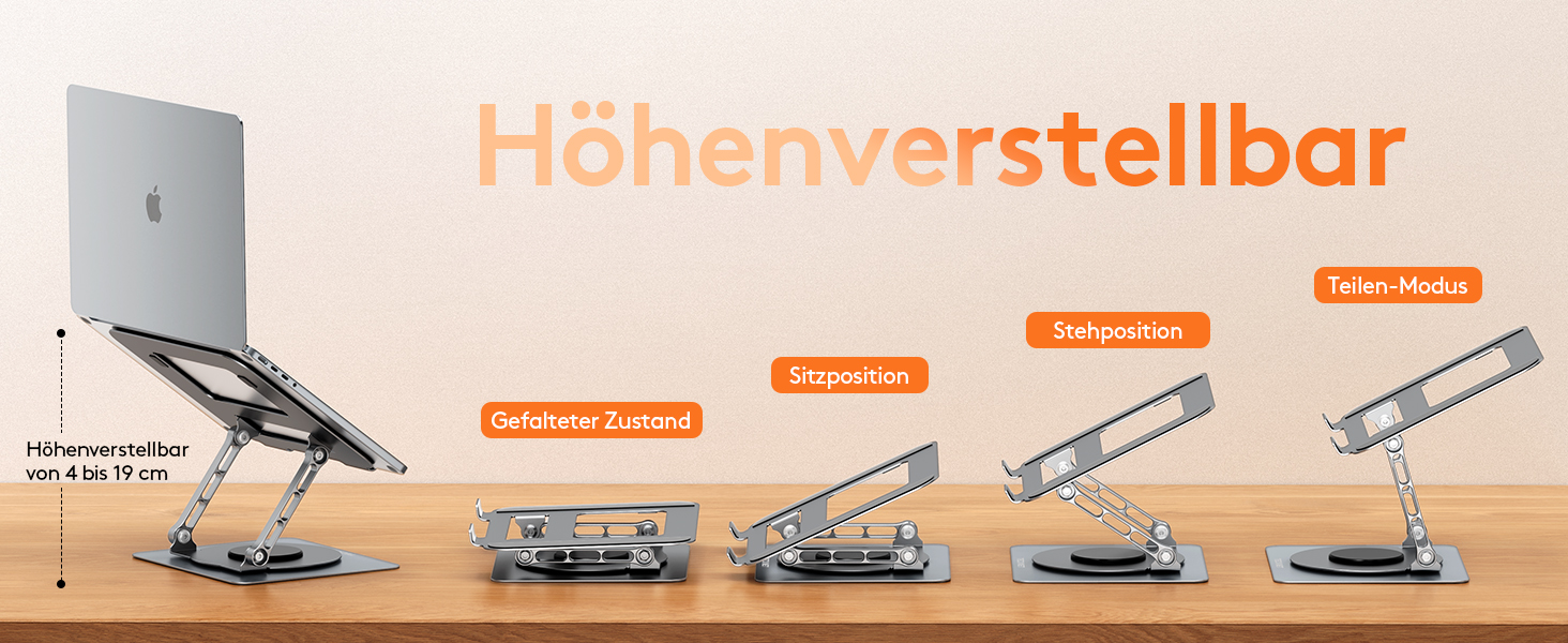 Підставка для ноутбука TECKNET 360° - регульована висота, металева, ергономічна, сумісна з MacBook, Dell (до 17.3