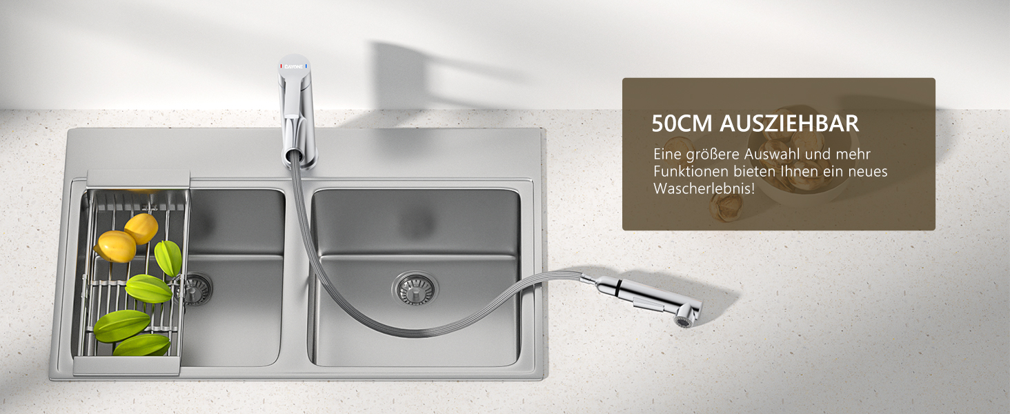 Змішувач кухонний DAYONE з висувною лійкою, нержавіюча сталь, 3 режими, 360° обертання, для кухонної мийки (15 см), матовий (хром, низький вигин-337)