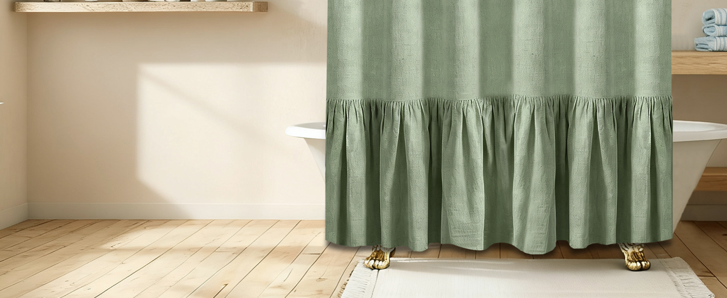 Штора для душу 180x180 см льон, зелена – водонепроникна, з антигрибковим покриттям та утяжеленим краєм, з кільцями (1 шт)