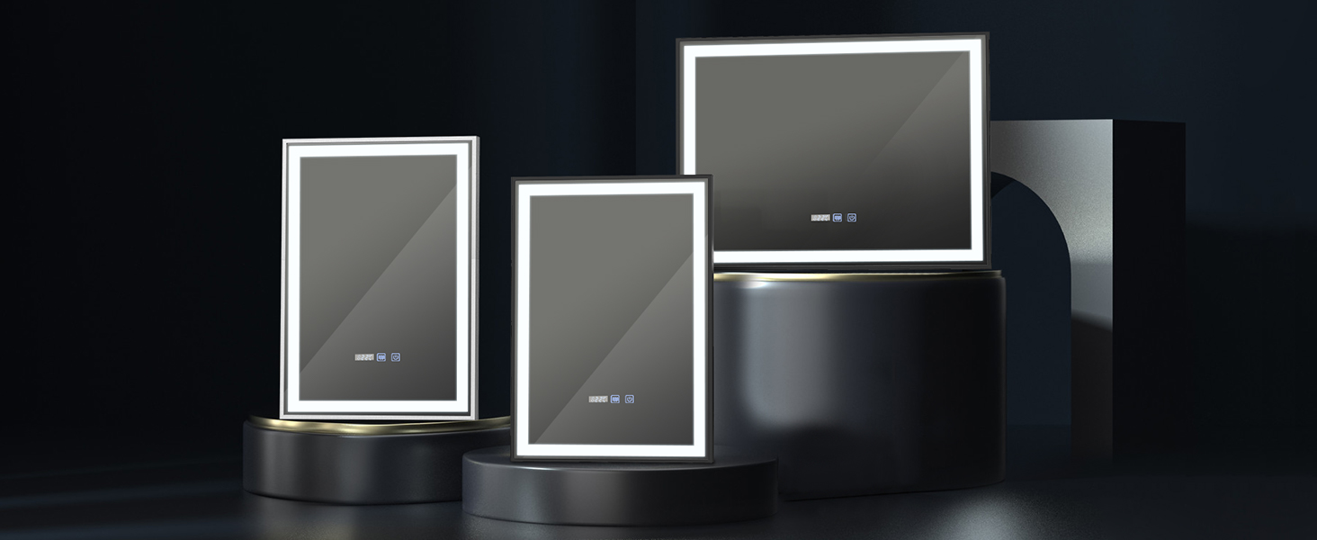 Дзеркало для ванної кімнати YU YUSING з підсвічуванням 60x80 см, антизапар, 3 кольори світла, регулювання яскравості, LED-дзеркало з годинником, IP44, вертикальне, срібло (чорний металевий каркас, 70x50 см)