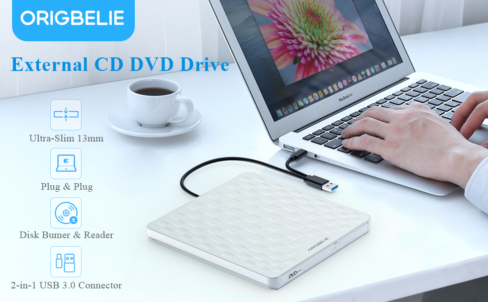 Зовнішній DVD-привід ORIGBELIE: CD/DVD-броннер з 4 USB та 2 TF/SD слотами, ультратонкий оптичний накопичувач для ноутбука, PC, Mac, Windows 11/10/8/7, Linux