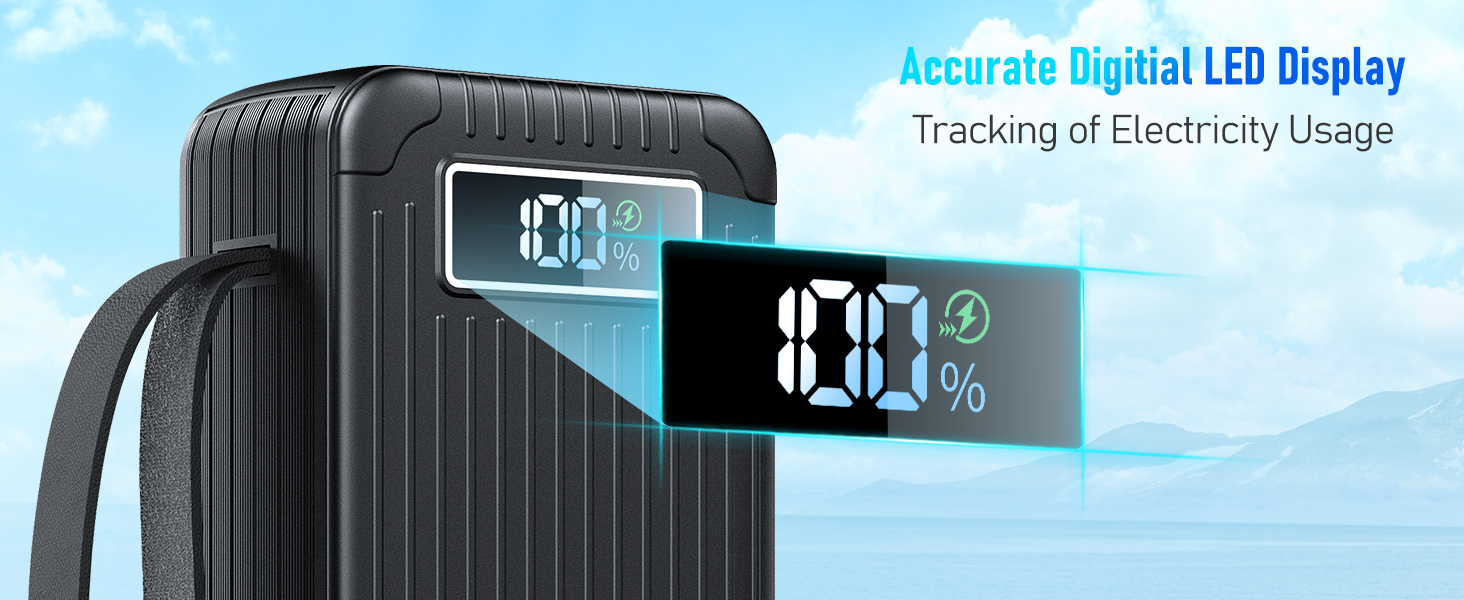 Power Bank 60000mAh з кабелем, 40W, PD, USB-C, LED-дисплей, 7 виходів та 2 входи, сумісний з iPhone, iPad, планшетами, чорний