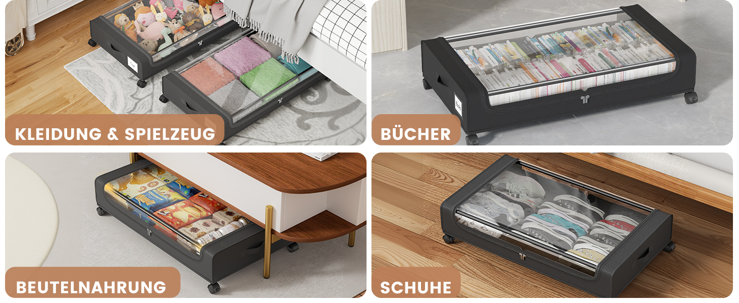 Коробки для зберігання під ліжко PHINOX з колесами, 2 шт (74x42x16 см) - місткі контейнери для одягу, взуття, іграшок з прозорою кришкою