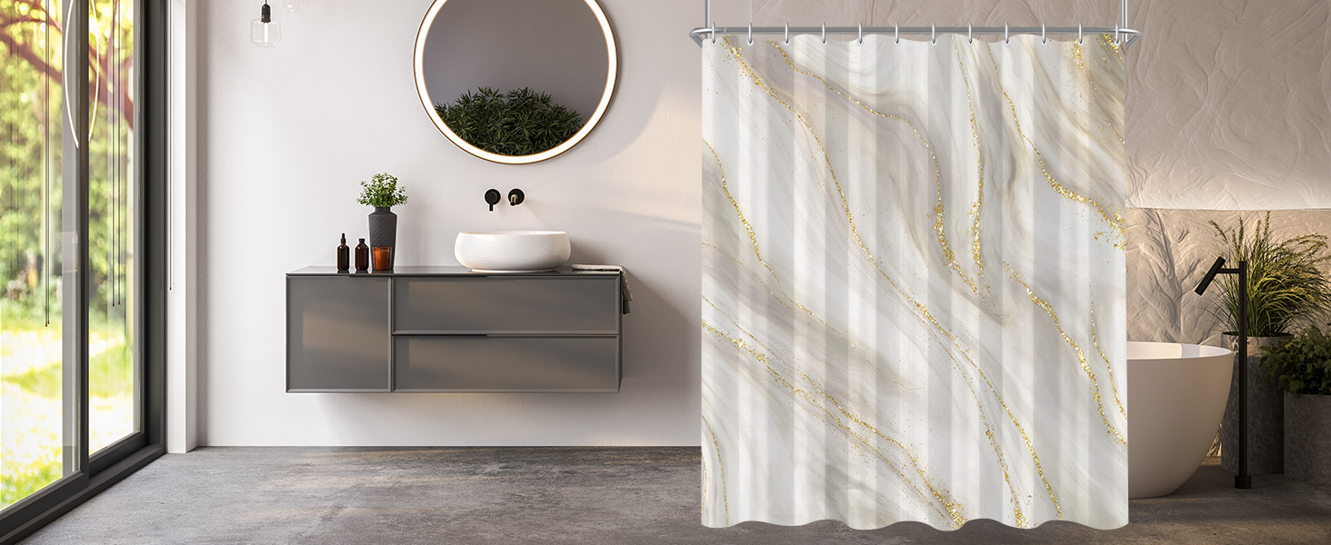 Штора для ванної кімнати 180x200 см з антигрибковим покриттям, водовідштовхувальна, поліестер, з кільцями (Phnom Penh Сірий мармур)