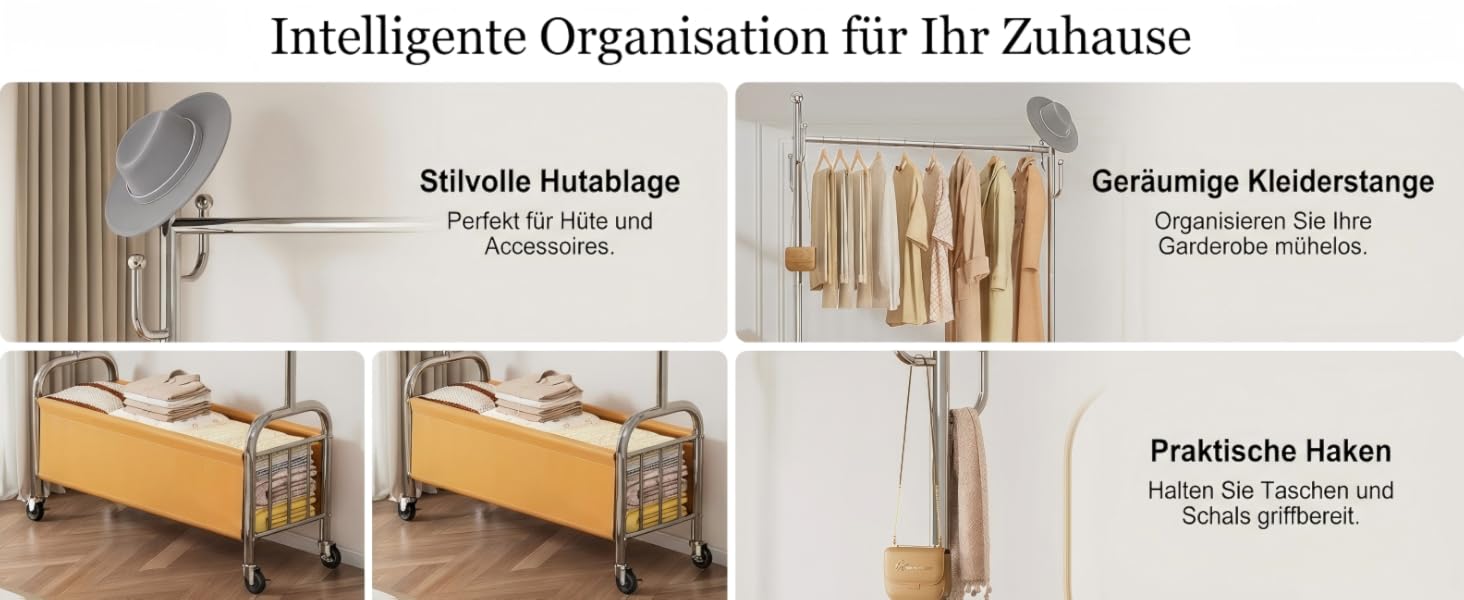 Вішалка для одягу сталева з кошиком для зберігання, навантаження до 115 кг, 3-в-1, для спальні та передпокою UP-R02