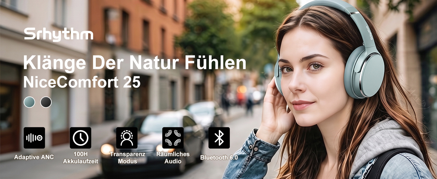 Бездротові навушники Srhythm NC25 з активним шумозаглушенням (ANC), Bluetooth, Hi-Fi звук, глибокий бас, NFC, вбудований мікрофон, складані (М'ятно-зелений)